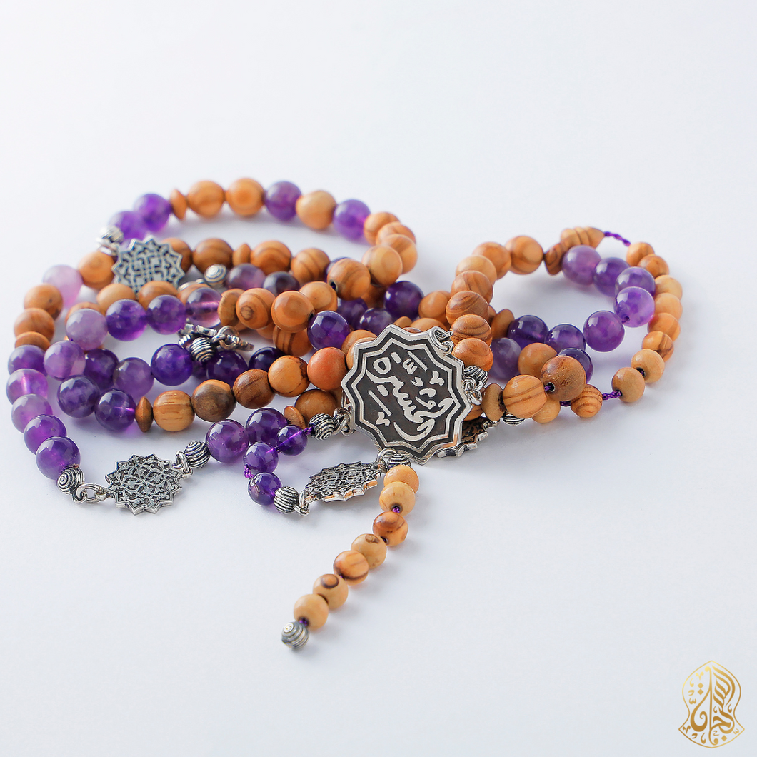 99  Olive wood with Amethyst Stone and Sliver Rosary - RHWS018